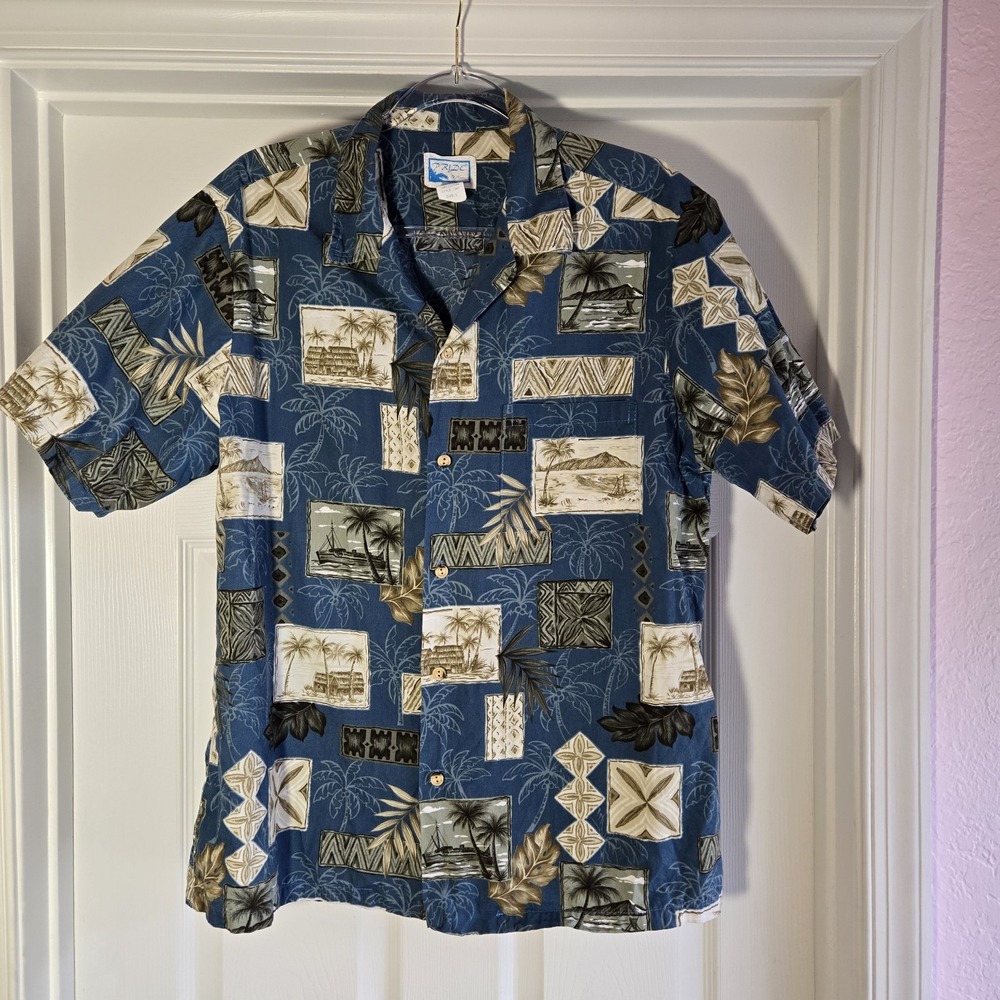 Vintage Pride of Hawaii Mens Button Up Hawaiian Shirt Blue Hawaiian Print Size L